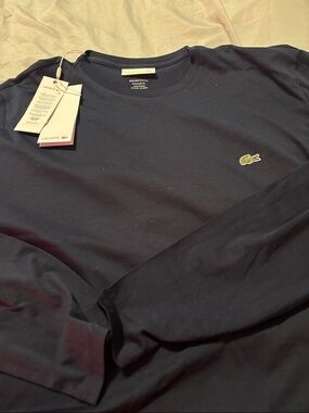 Lacoste Men's Long Sleeve Crew T-Shirt - Navy with Green Crocodile